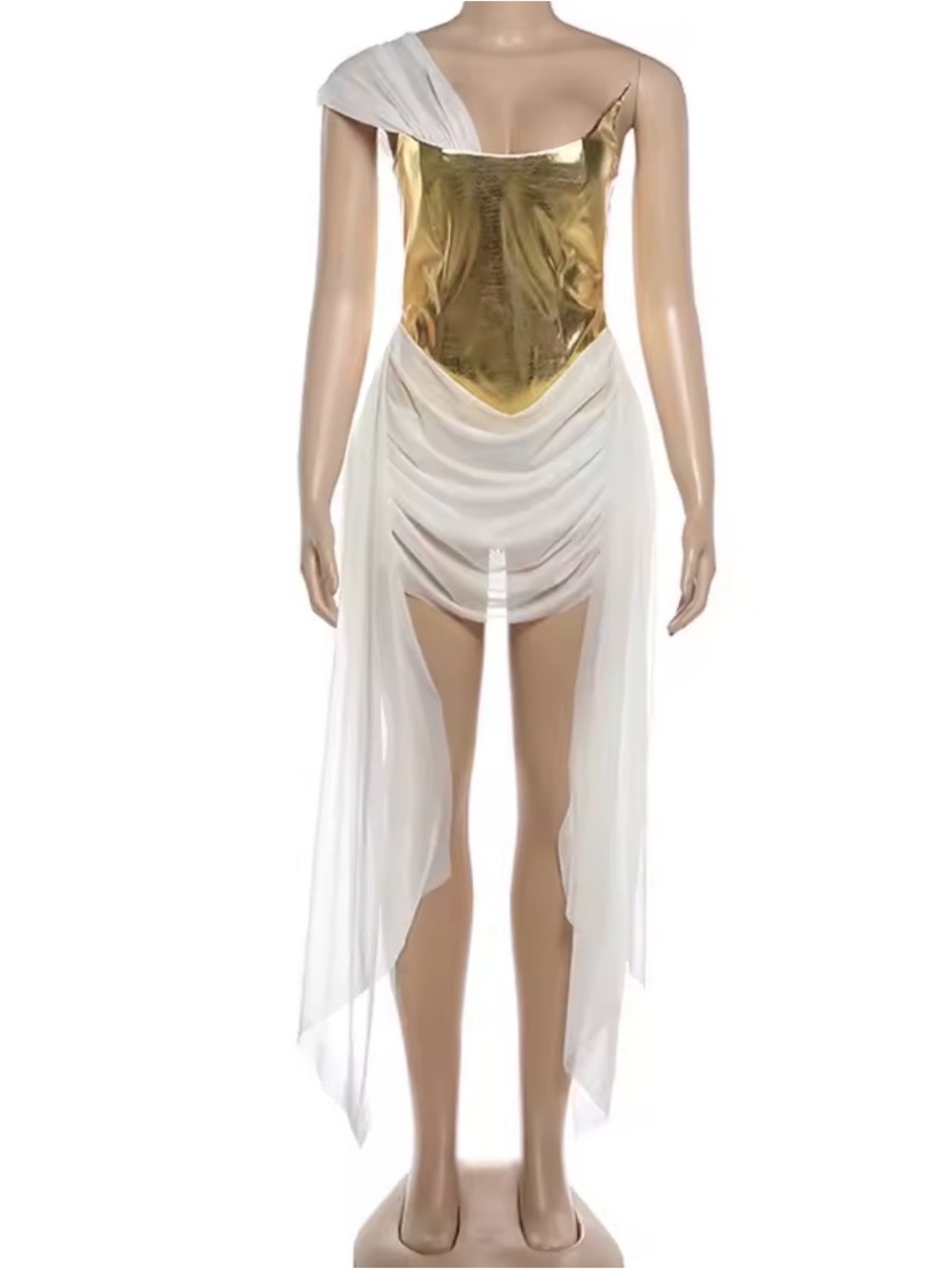 Gold Metallic & White Draped Goddess Mini Dress